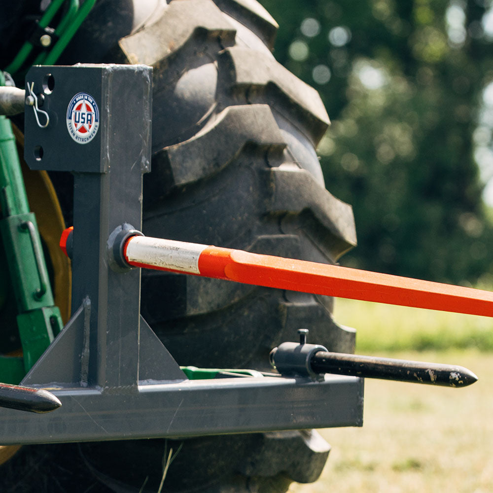 USA Made 3 Point Hay Bale Drawbar Fits Cat 1 & 2 Tractors | 49" Main Spear + 17.5" Stabilizers