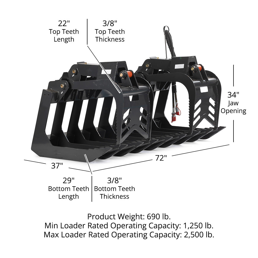 Grade 50 Standard Series Skid Steer Root Grapple Bucket | 72"