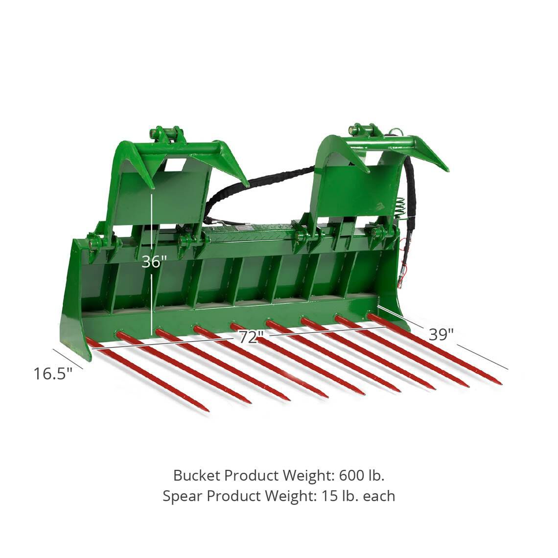 Tine Bucket Attachment with Optional Hay Bale Spears - Fits John Deere Loaders - Rake Size: 72" Frame - Spear Length: 39" | 72" Frame / 39"