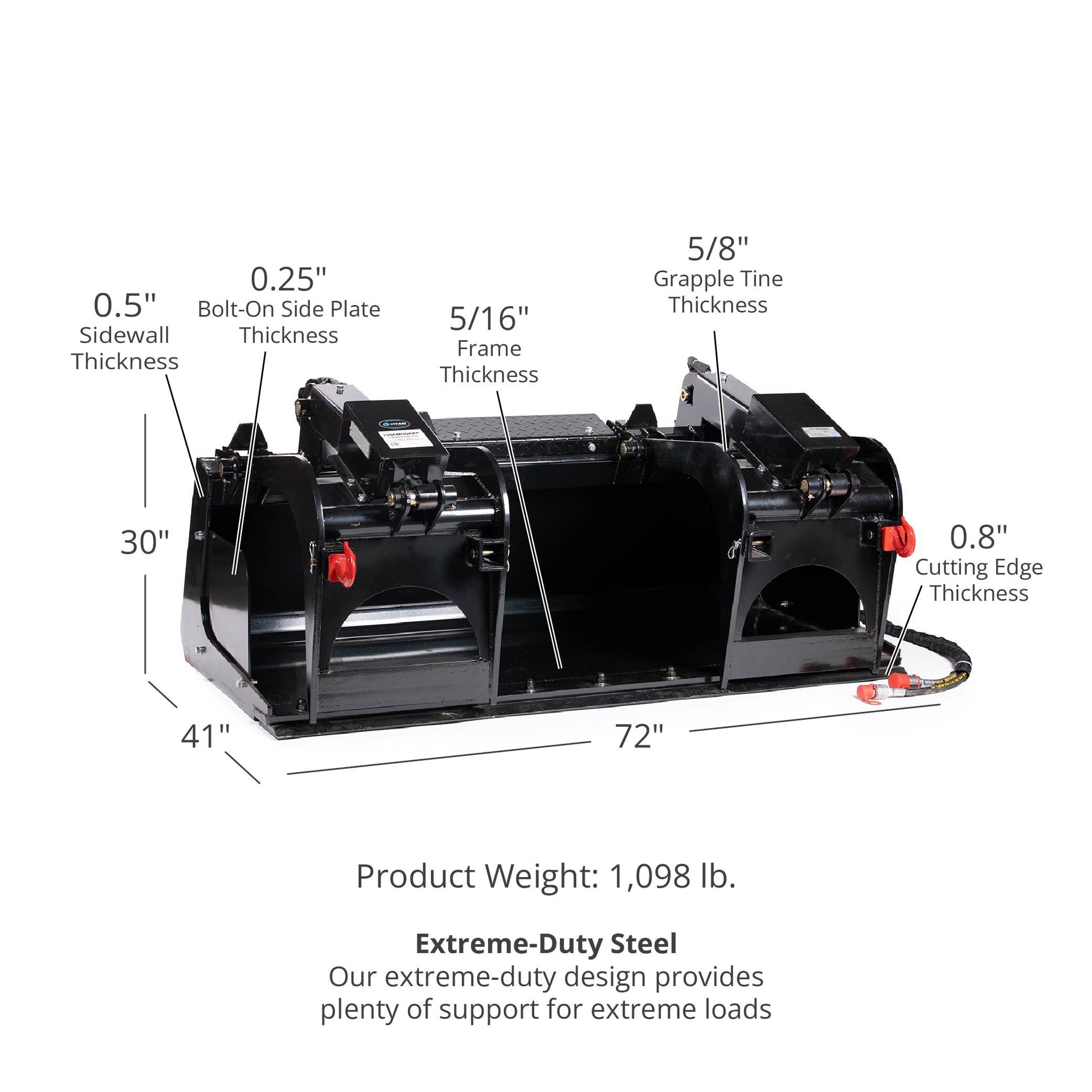 Demolition Grapple Buckets - Bucket Length: 72" - Optional Hook Attachments: (2) Grapple Hooks | 72" / (2) Grapple Hooks