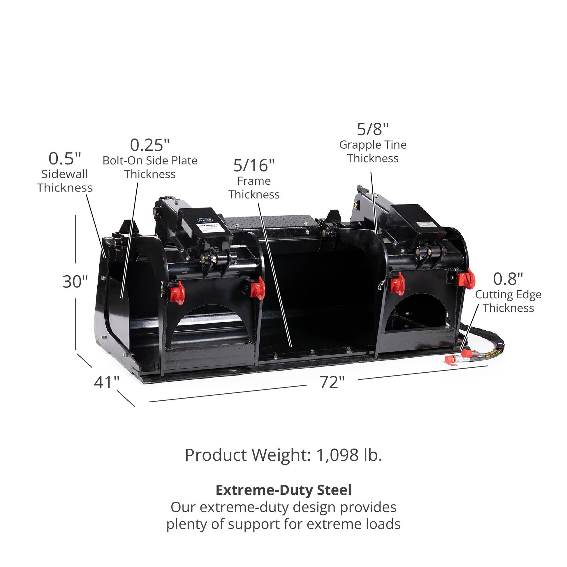 Demolition Grapple Buckets - Bucket Length: 72" - Optional Hook Attachments: (4) Grapple Hooks | 72" / (4) Grapple Hooks