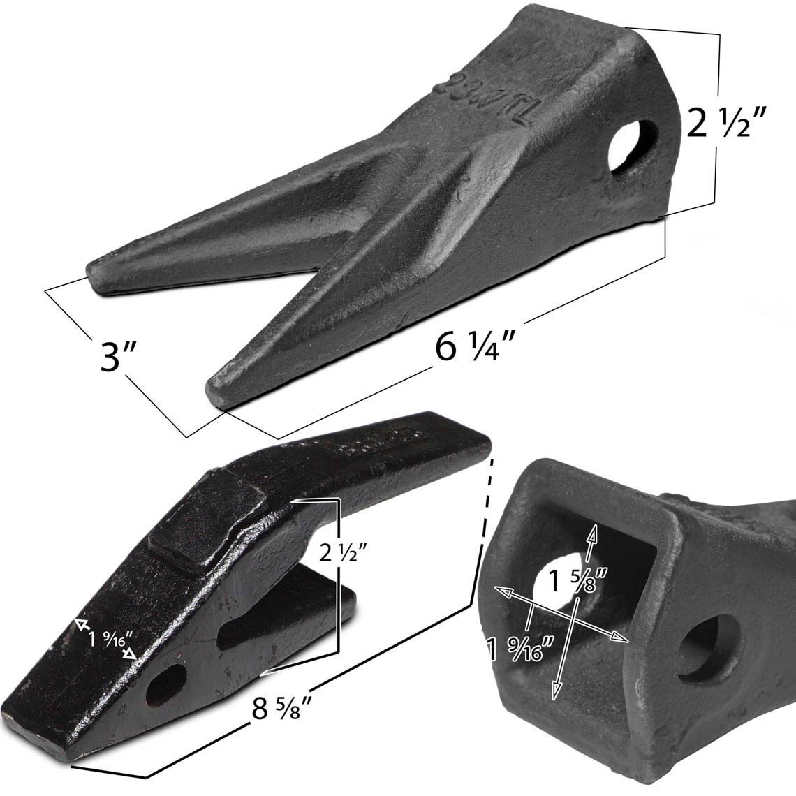 Set of (3) 23WTL Twin Tiger Tooth Bucket Assembly with Shank