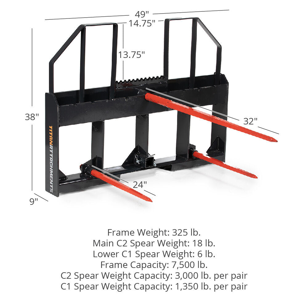 Class 3 Step-Through Hay Frame Attachment, 7,500 LB Capacity | 32" Main Spear + (2) 24" C1 Hay Bale Spears - view 9