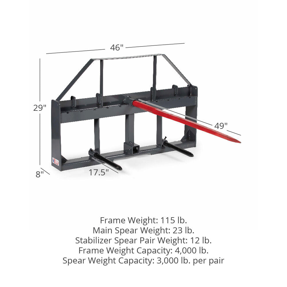 Standard Series USA Made Hay Frame Attachment - Color: Black - Hay Bale Spear Length: 49" Main Spear + 17.5" Stabilizers | Black / 49" Main Spear + 17.5" Stabilizers