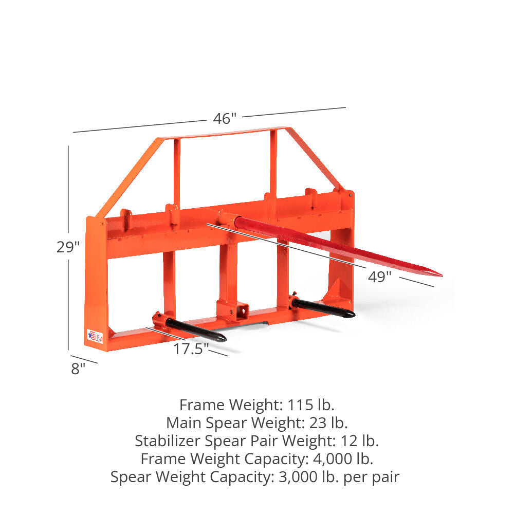 Standard Series USA Made Hay Frame Attachment - Color: Orange - Hay Bale Spear Length: 49" Main Spear + 17.5" Stabilizers | Orange / 49" Main Spear + 17.5" Stabilizers - view 55