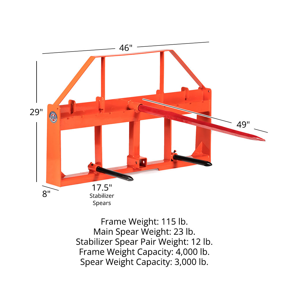 USA Made Standard Series Hay Frame Attachment | Orange / 49" Main Spear + 17.5" Stabilizers - view 80