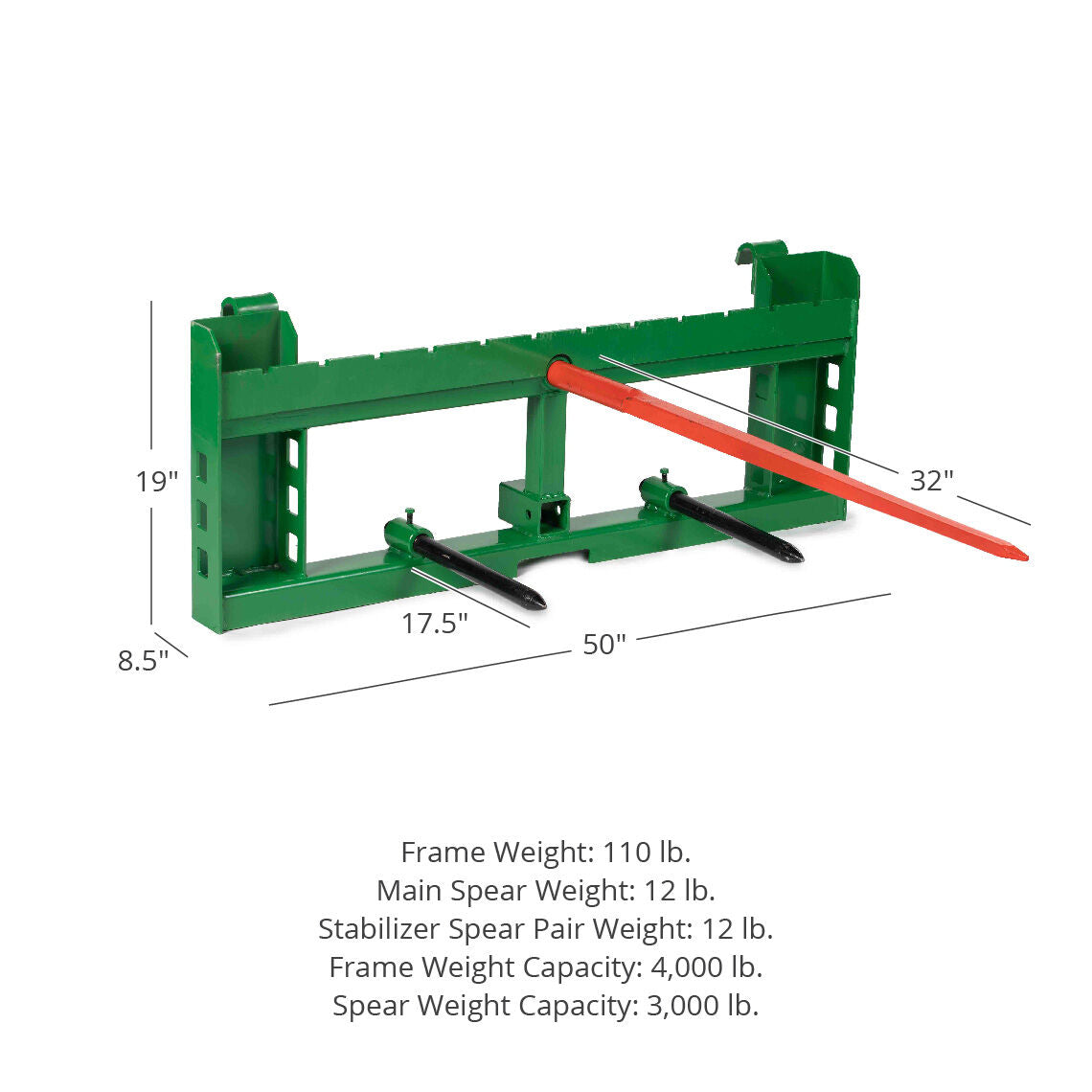 Economy Series Hay Frame Attachment, Fits John Deere Tractors | 32" Main Spear + 17.5" Stabilizers - view 8