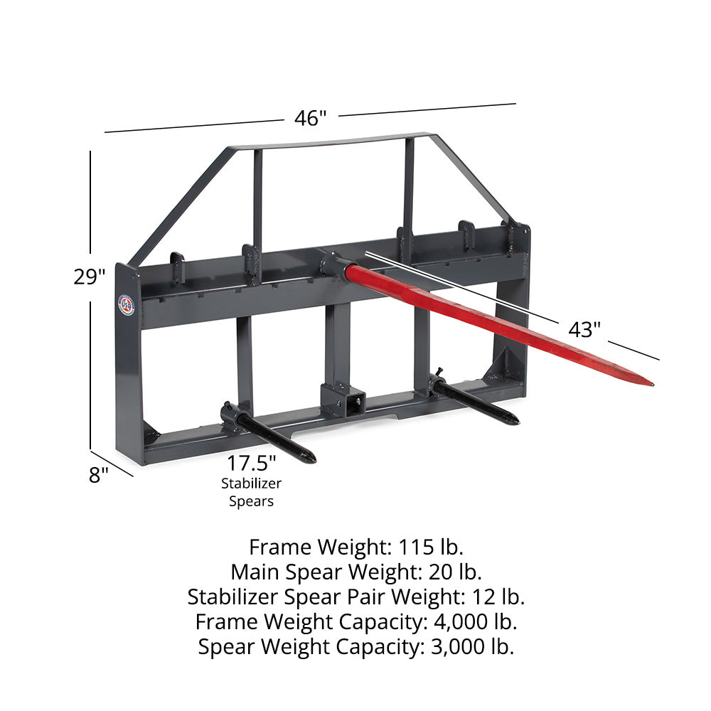 USA Made Standard Series Hay Frame Attachment | Grey / 43" Main Spear + 17.5" Stabilizers