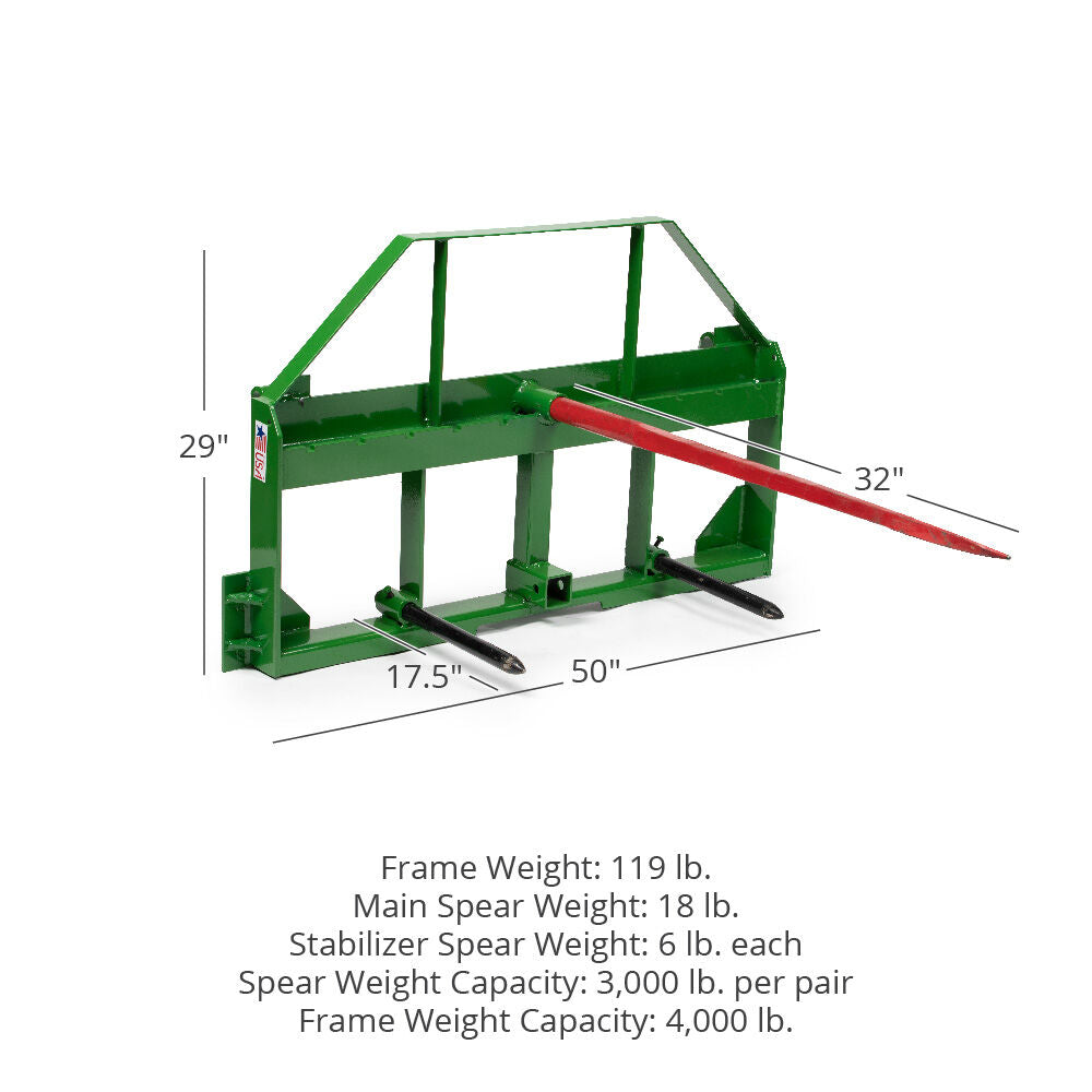 Standard Series USA Made Hay Frame Attachment, Fits John Deere Tractors | 32" Main Spear + 17.5" Stabilizers