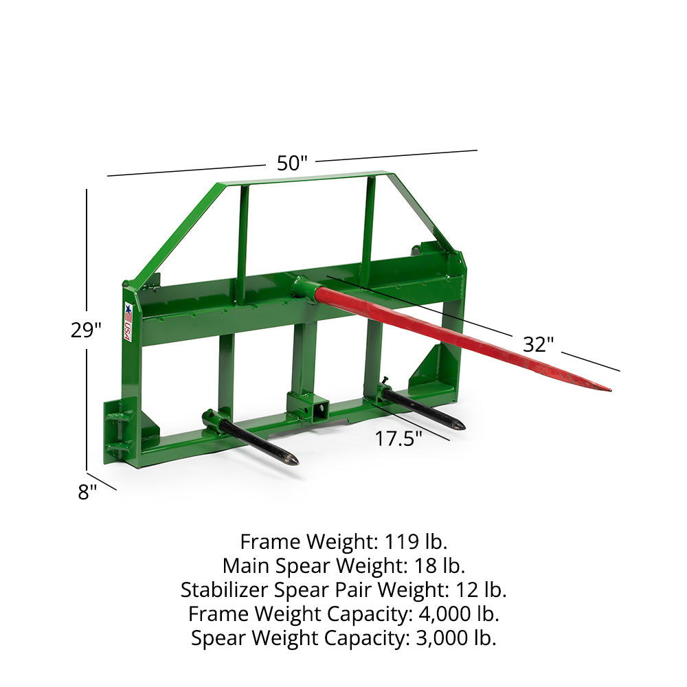 USA Made Standard Series Hay Frame Attachment, Fits John Deere | 32" Main Spear + 17.5" Stabilizers