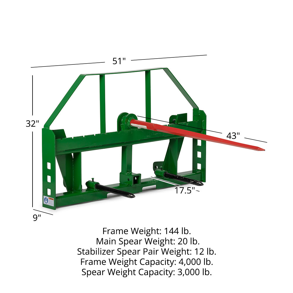 Standard Series Global Euro Hay Frame Attachment, Fits John Deere Tractors | 43" Main Spear + 17.5" Stabilizers