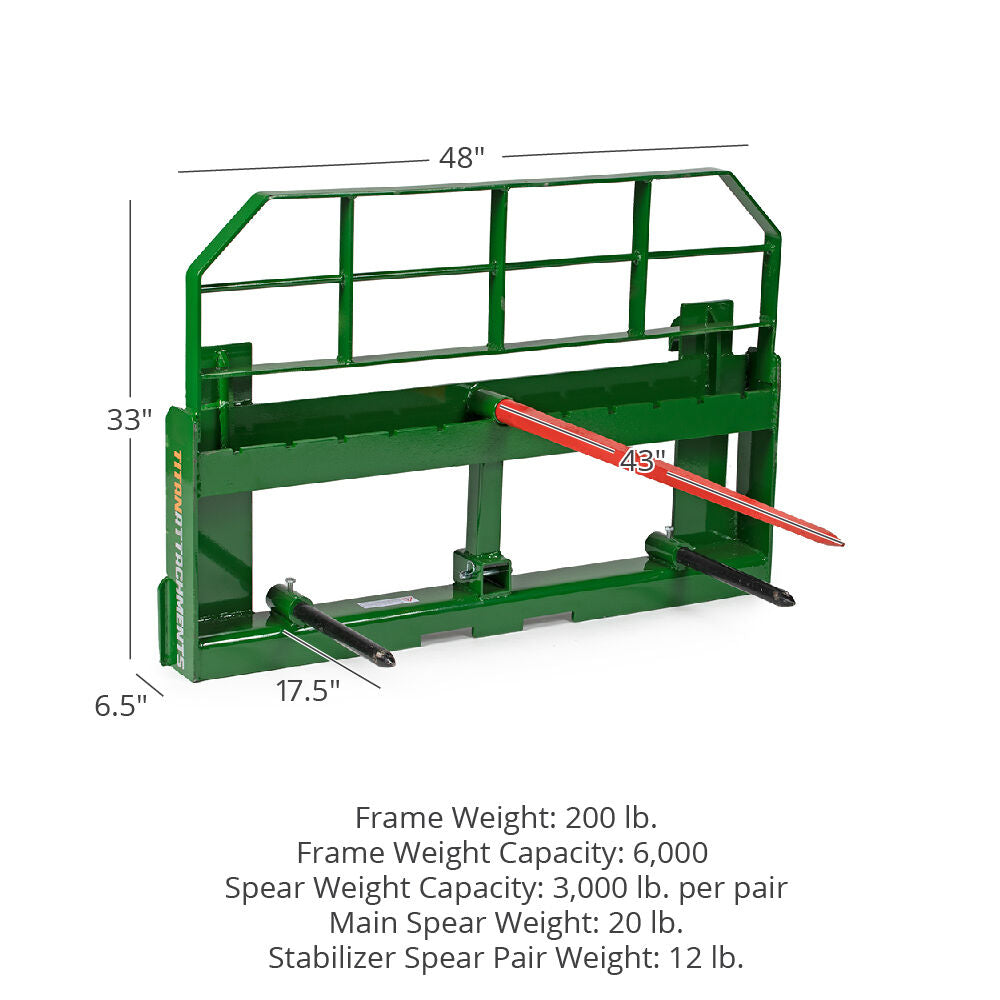 Pro Series Hay Frame Attachment, Fits John Deere Tractors | 43" Main Spear + 17.5" Stabilizers