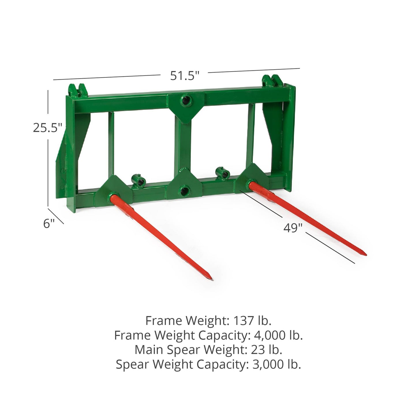 HD Hay Frame Fits John Deere Tractors - Number of Hay Spears: 2 - Hay Bale Spear Length: Frame + 49" Spear | 2 / Frame + 49" Spear - view 41