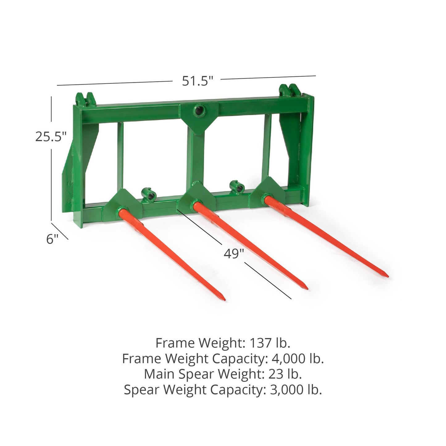 HD Hay Frame Fits John Deere Tractors - Number of Hay Spears: 3 - Hay Bale Spear Length: Frame + 49" Spear | 3 / Frame + 49" Spear - view 60