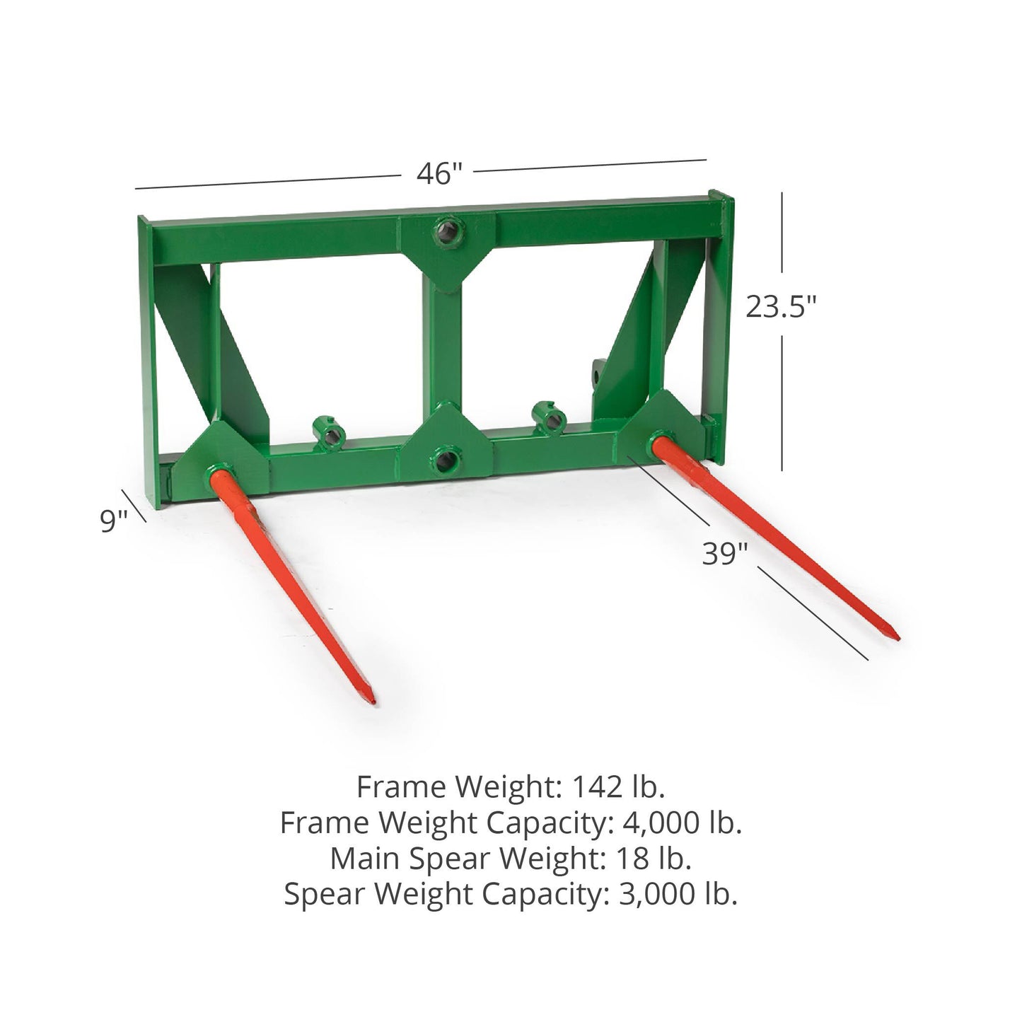 HD Global Euro Hay Frame Attachment, Fits John Deere Tractors - Number of Hay Spears: 2 - Hay Spear Length: Frame + 39" Spear | 2 / Frame + 39" Spear - view 18