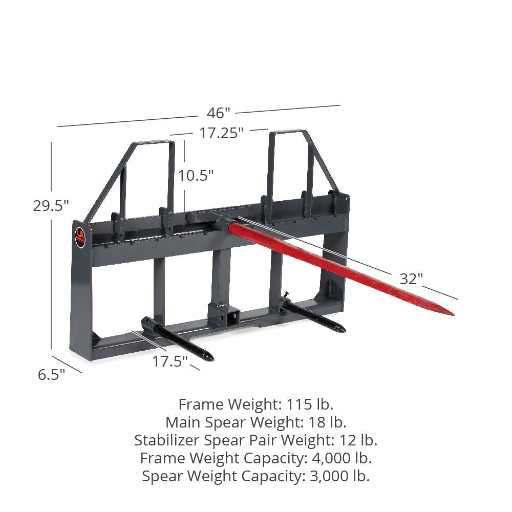 Standard Series USA Made Step-Through Hay Frame Attachment - Frame Color: Grey - Hay Bale Spear Length: 32" Main Spear + 17.5" Stabilizers | Grey / 32" Main Spear + 17.5" Stabilizers