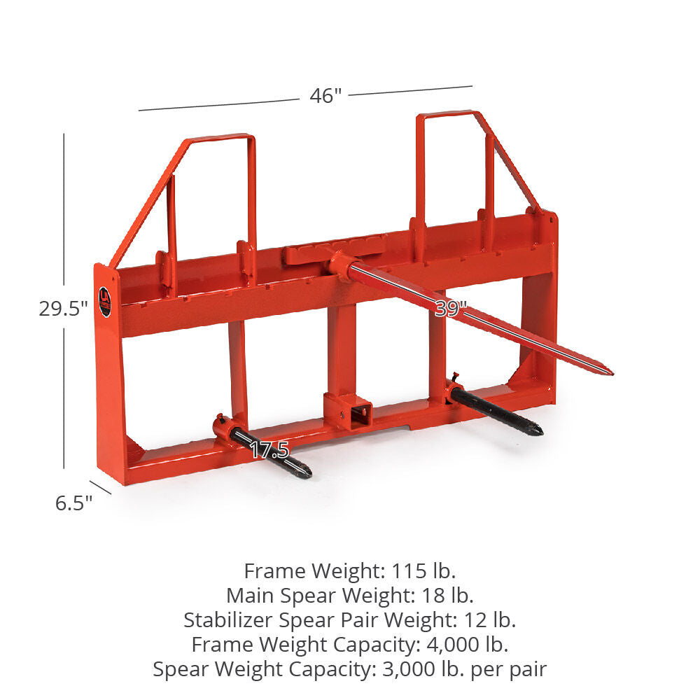 Standard Series USA Made Step-Through Hay Frame Attachment - Frame Color: Orange - Hay Bale Spear Length: 32" Main Spear + 17.5" Stabilizers | Orange / 32" Main Spear + 17.5" Stabilizers - view 49