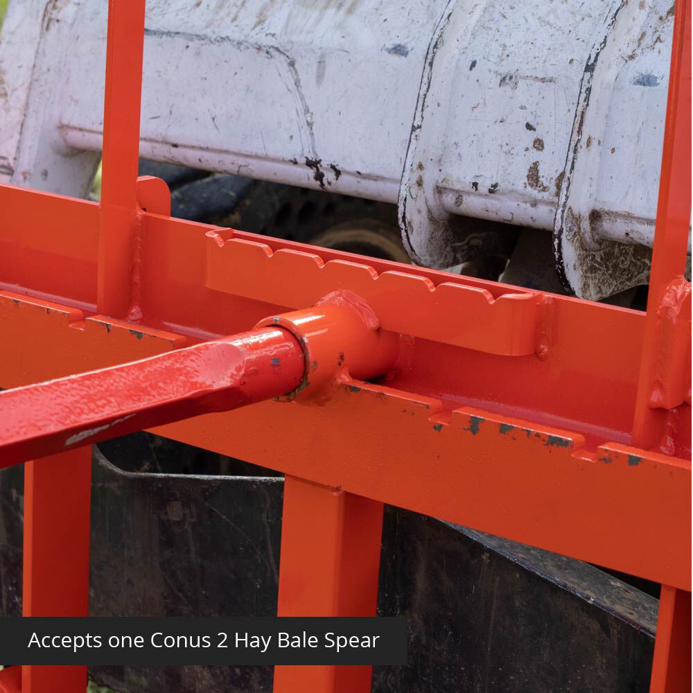 Standard Series USA Made Step-Through Hay Frame Attachment - Frame Color: Orange - Hay Bale Spear Length: 32" Main Spear + 17.5" Stabilizers | Orange / 32" Main Spear + 17.5" Stabilizers