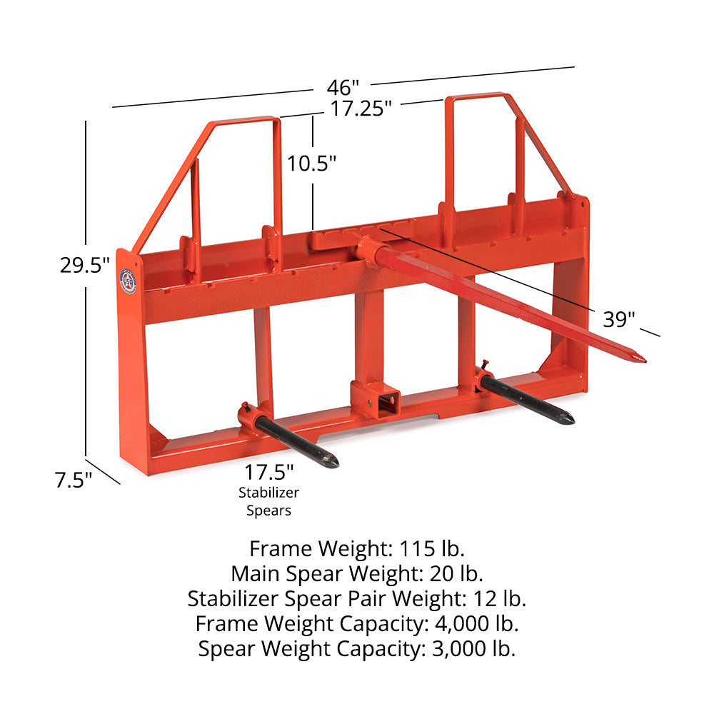 USA Made Standard Series Step-Through Hay Frame Attachment | Orange / 39" Main Spear + 17.5" Stabilizers