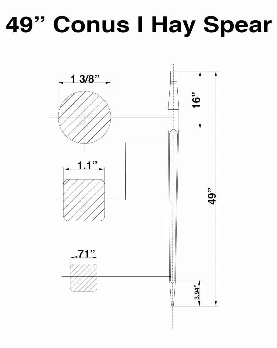 49" Square Hay Bale Spear 1,350 LB capacity, 1 3/8" Wide with Nut and Sleeve Conus 1