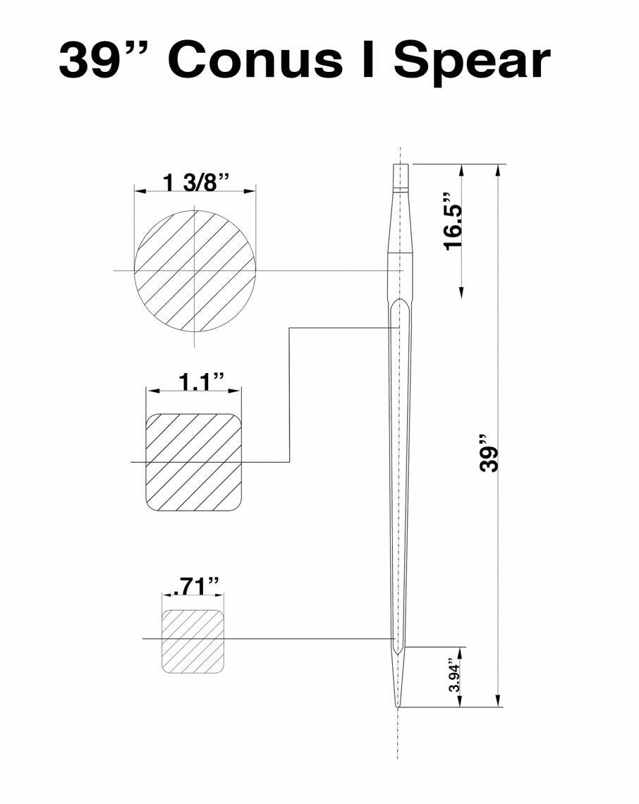 39" Square Hay Bale Spear 1,350 LB capacity, 1 3/8" Wide with Nut and Sleeve Conus 1