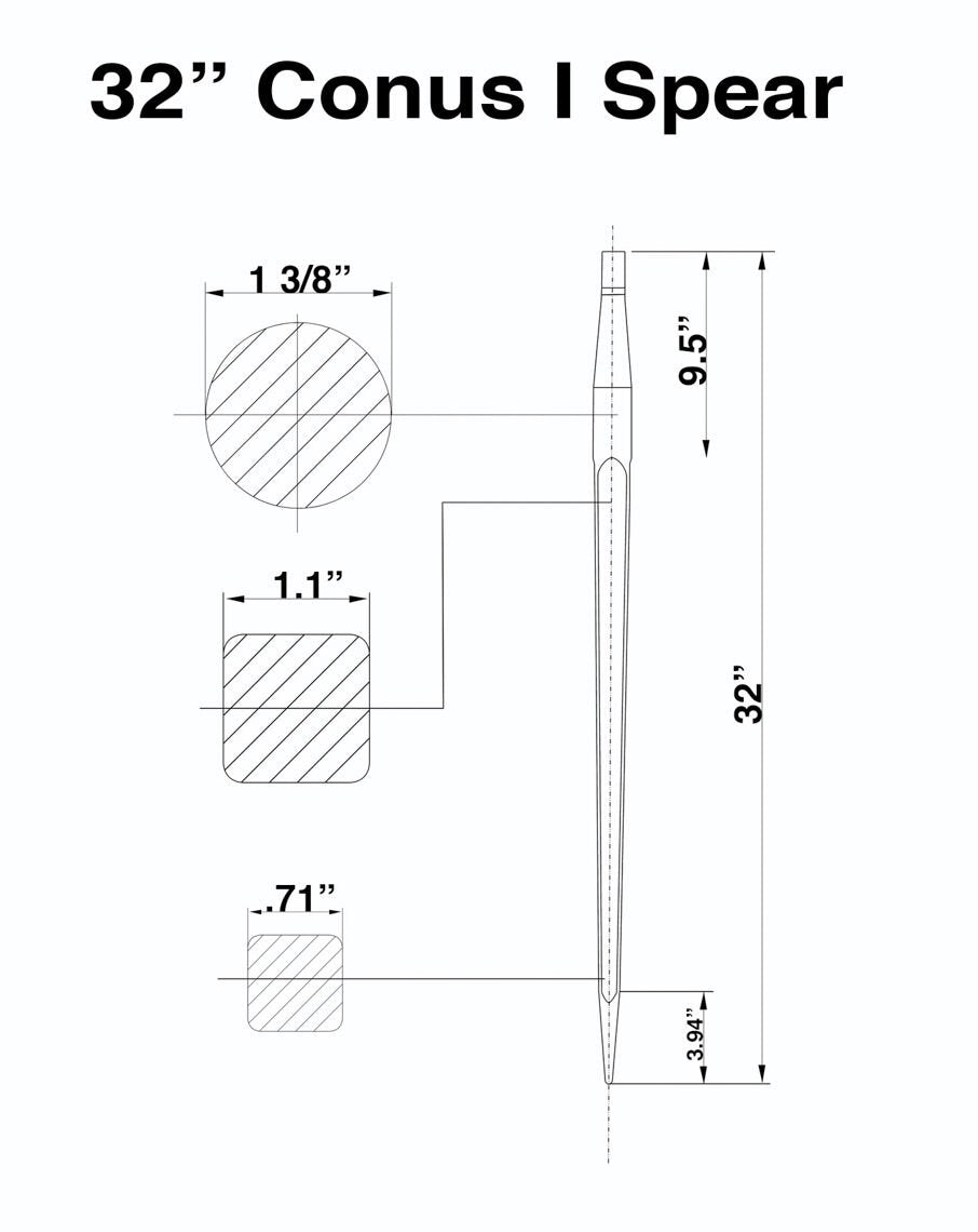 32" Square Hay Bale Spear 1,350 LB capacity, 1 3/8" Wide with Nut and Sleeve Conus 1