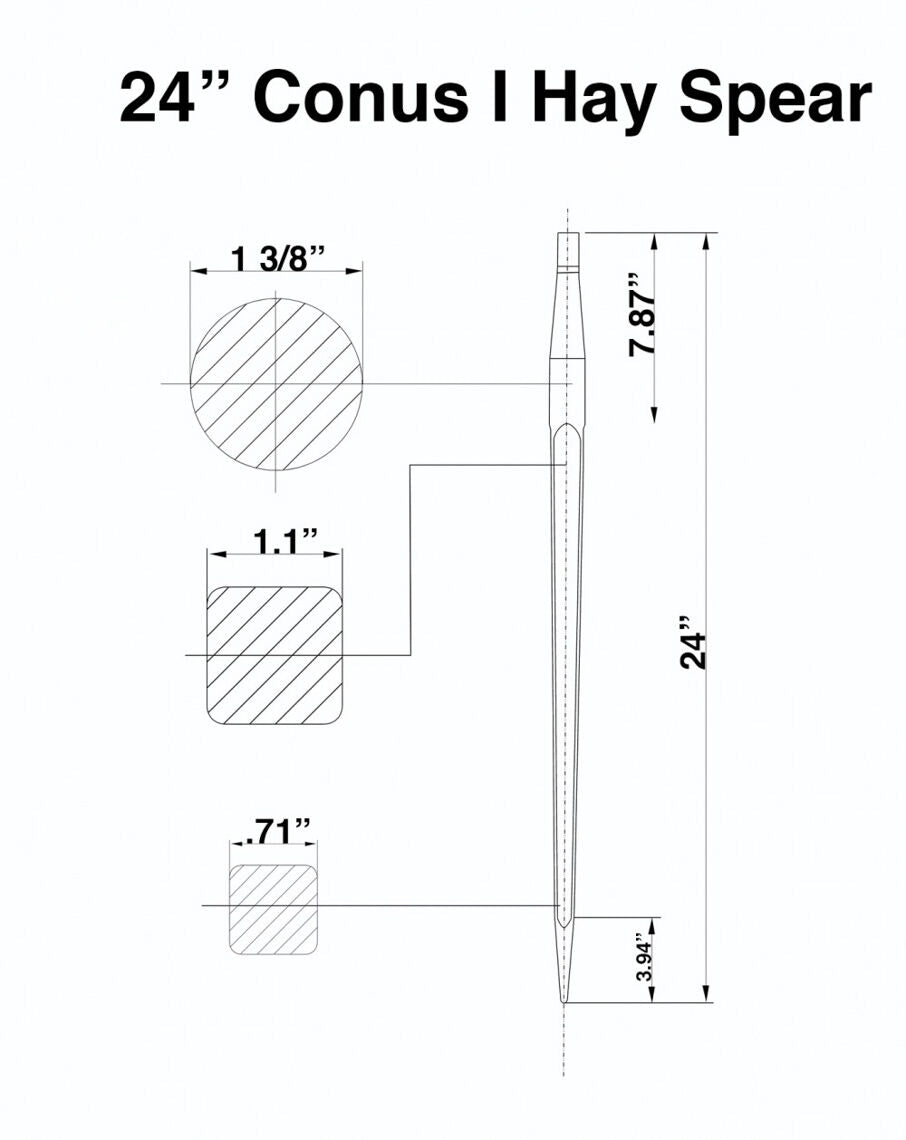 24" Square Hay Bale Spear 1350 lb capacity 1 3/8" wide w/ nut and sleeve Conus 1 - view 5