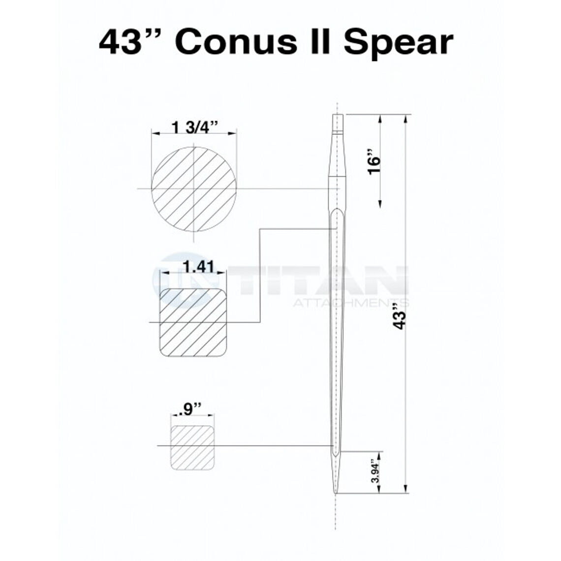 43" Square Hay Bale Spear 3,000 lbs capacity, 1 3/4" wide with nut and sleeve Conus 2