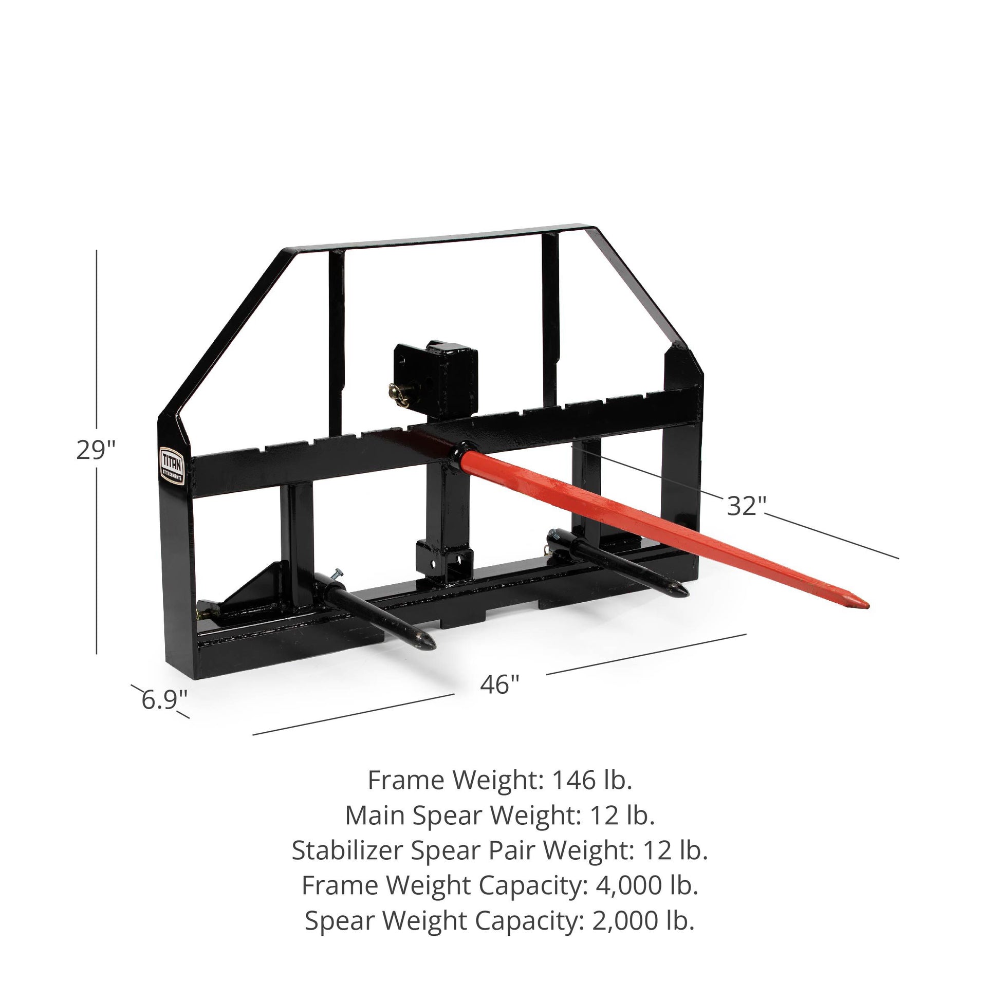 Standard Series 3 Point Hay Frame Attachment Fits Cat I & II Tractors - Hay Bale Spear Length: 32" Main Spear + 17.5" Stabilizers | 32" Main Spear + 17.5" Stabilizers