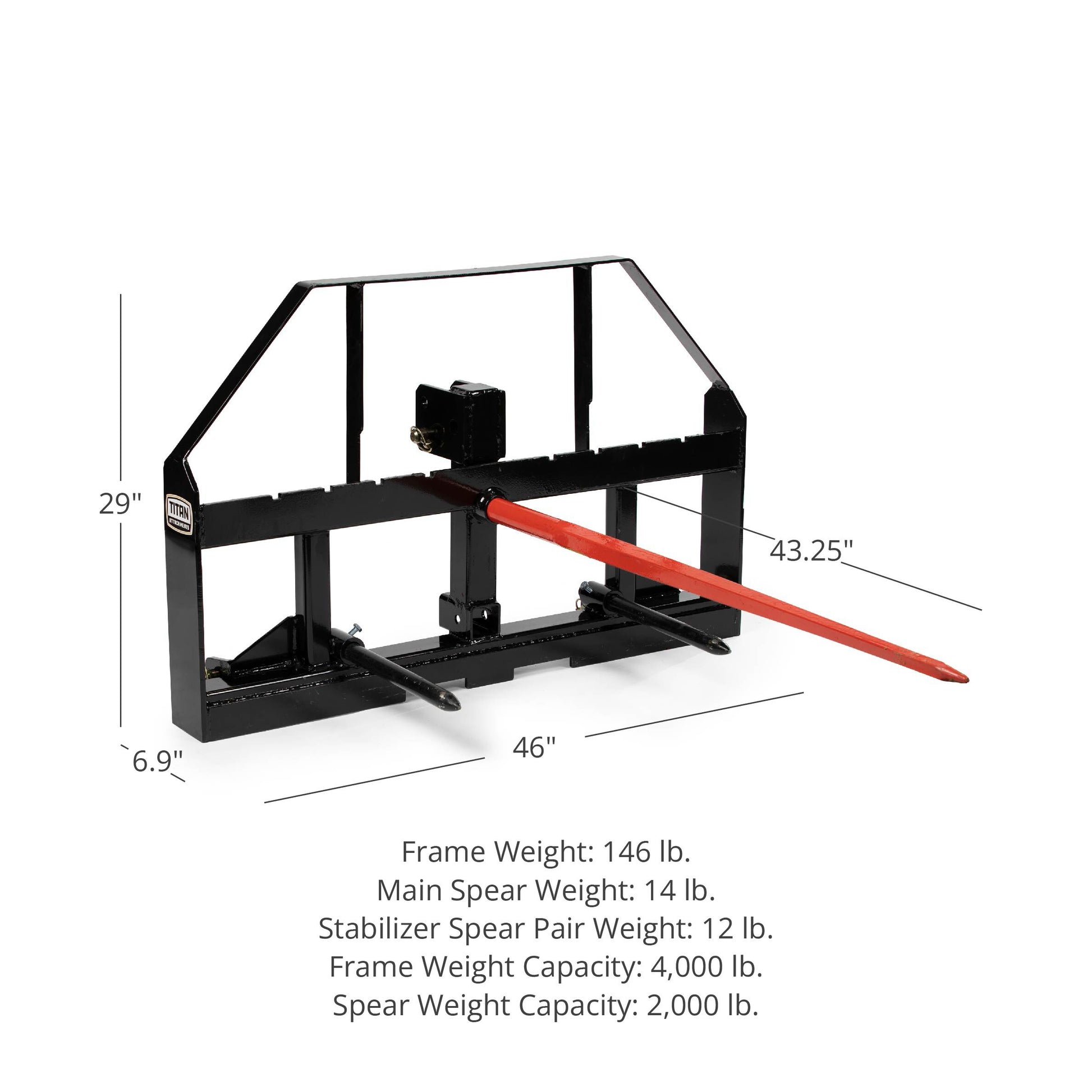 Standard Series 3 Point Hay Frame Attachment Fits Cat I & II Tractors - Hay Bale Spear Length: 43" Main Spear + 17.5" Stabilizers | 43" Main Spear + 17.5" Stabilizers