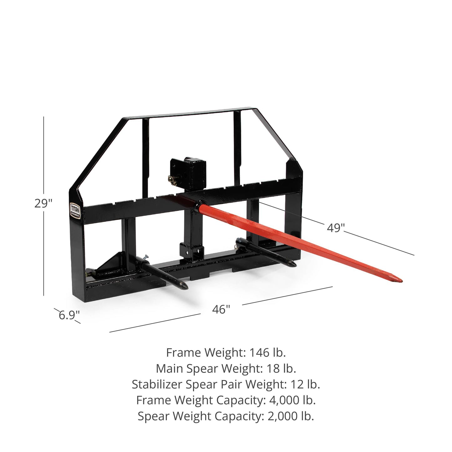 Standard Series 3 Point Hay Frame Attachment Fits Cat I & II Tractors - Hay Bale Spear Length: 49" Main Spear + 17.5" Stabilizers | 49" Main Spear + 17.5" Stabilizers - view 32