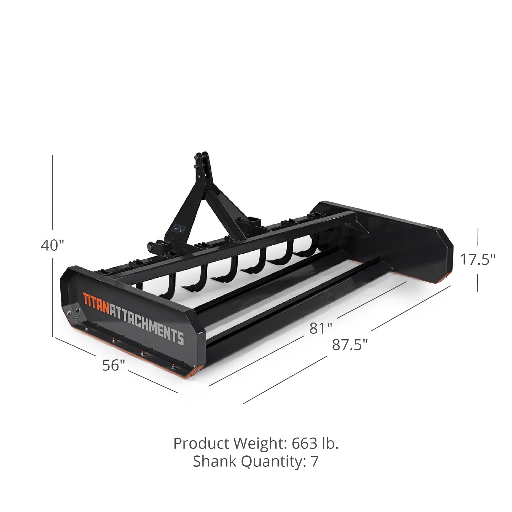 Land Leveler and Grader - Rake Length: 7' - Optional Shank Attachments: Leveler + Shanks | 7' / Leveler + Shanks