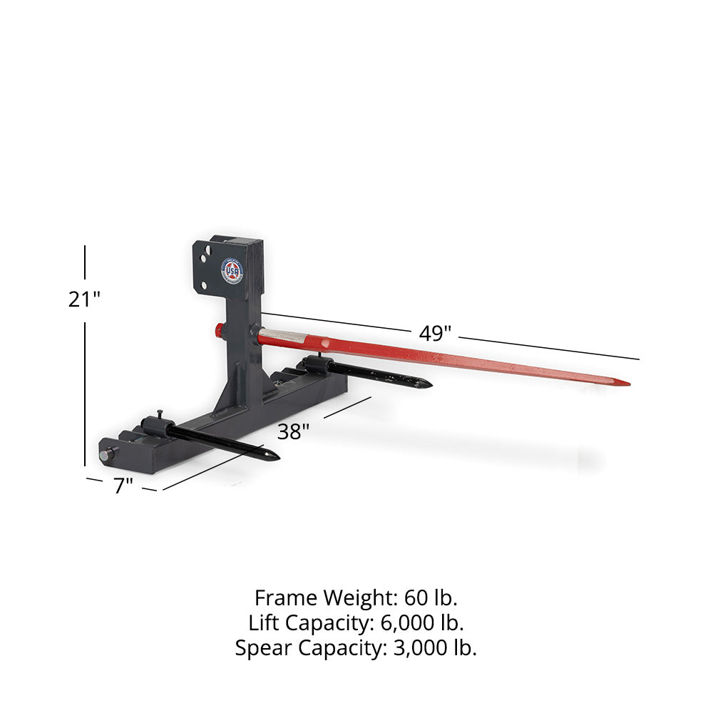 USA Made 3 Point Hay Bale Drawbar Fits Cat 1 & 2 Tractors | 49" Main Spear + 17.5" Stabilizers - view 30