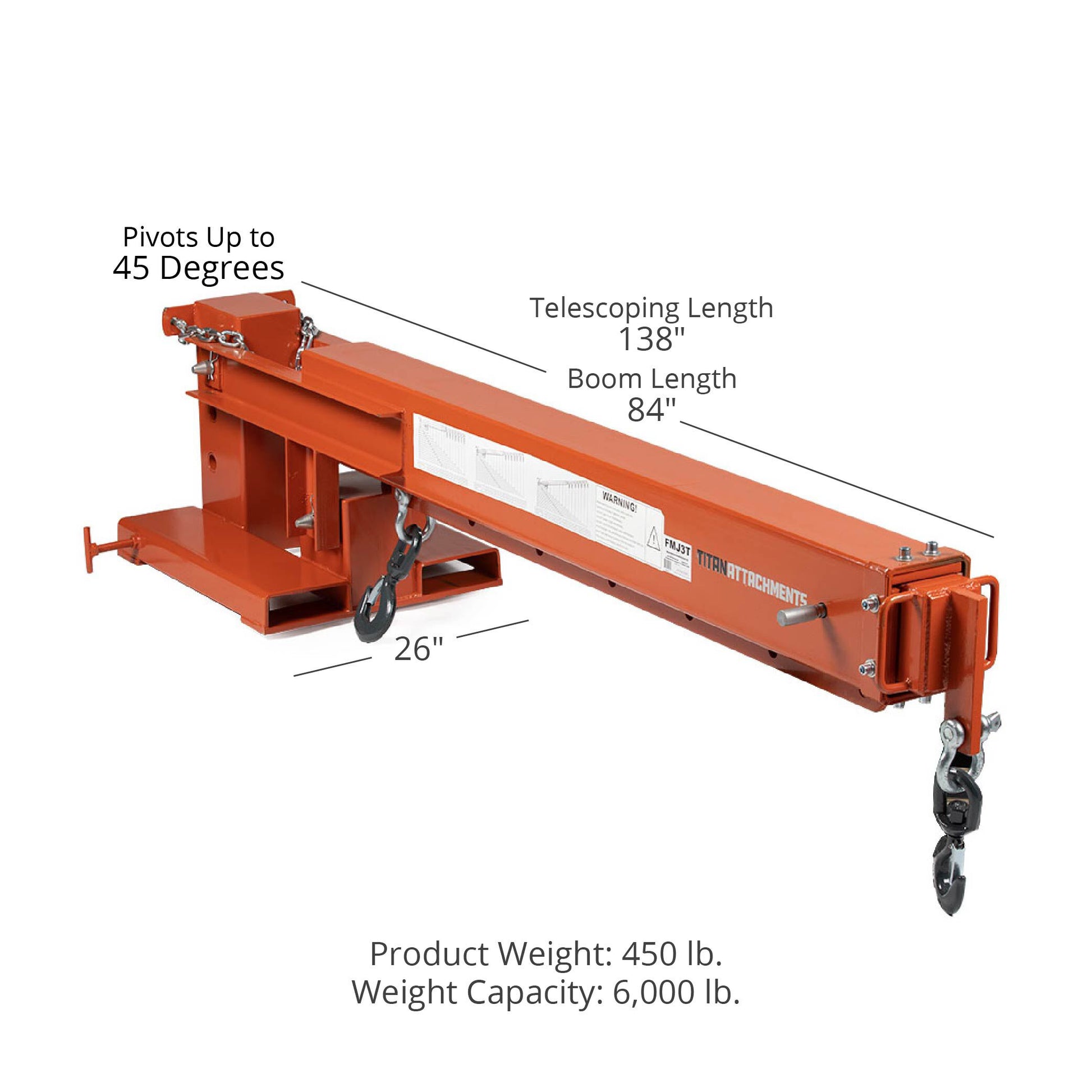 Fork Mounted Adjustable Hoist Pivoting Jib Boom Crane 6000 LB Lift Capacity