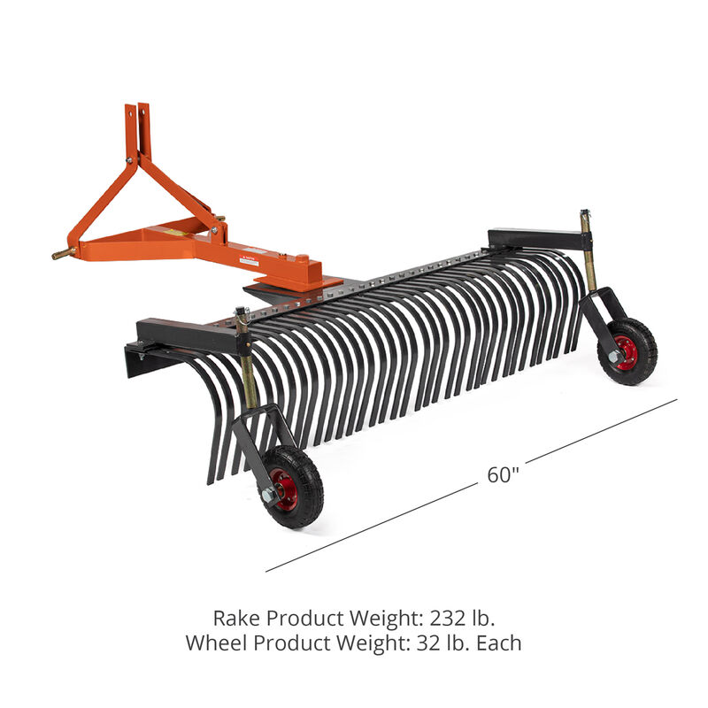 3 Point 6 FT Landscape Rake with Bolt-On Wheels for Compact Tractors ...